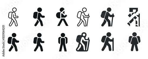 Hiking icon set: walking, trekking, backpacking pictograms
