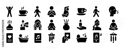 Meditation and relaxation icons: yoga, music, spa, aromatherapy