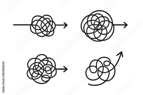 Flow from tangled knot to straight line and upward growth arrow