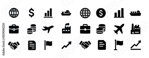 Business and communication icons set with currency graphs and transportation elements