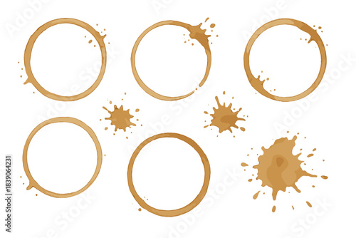 Collection of brown coffee cup rings and liquid splashes isolated on white background