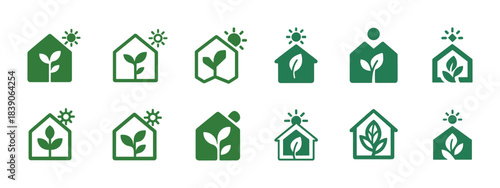 Green eco homes: sustainable plant and sun icons set for environmental design