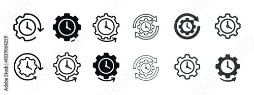 Set of gear and clock icons representing time management and efficiency
