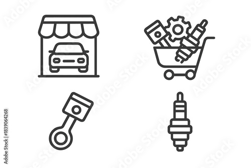 Outline icons set for automotive parts store and shopping concepts