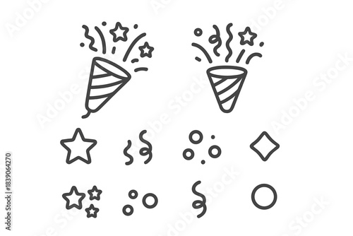 Outline icons set of party poppers exploding with stars and confetti