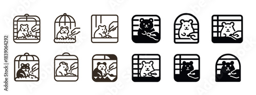 Set of hamster icons in cages with food and bedding variations