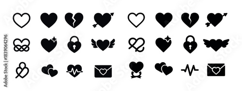 Collection of 24 black heart emojis with various designs