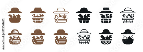 Basket icons with hat and produce in multiple styles