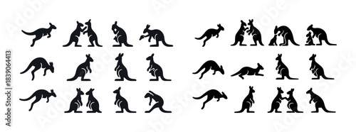 Silhouette kangaroo poses: jumping, standing, boxing, and sitting