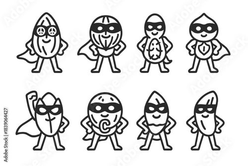 Outline style collection of superhero nut and seed characters