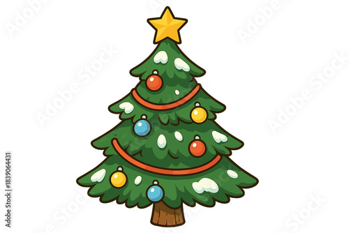 Stylized Christmas tree decorated with colorful ornaments and star topper