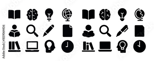 Education and learning icon set: books, brain, globe, and technology symbols