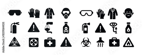 Safety equipment and hazard icons collection in black silhouettes