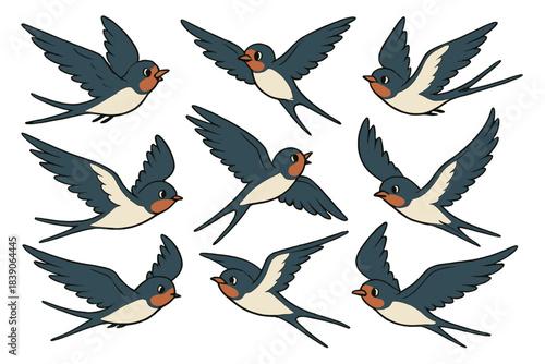 Nine stylized barn swallow birds in various dynamic flying poses