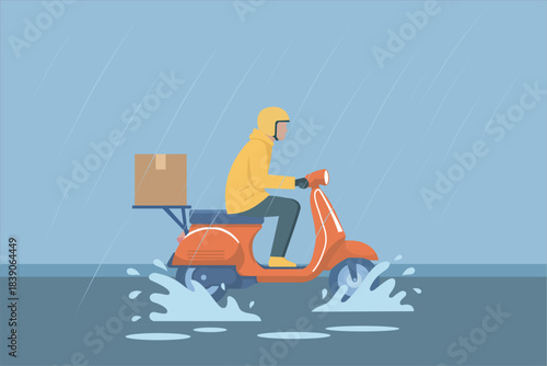 Vector illustration a courier rides a scooter through heavy rain, splashing water as he delivers a package despite the bad weather.