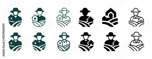 Collection of farmer icons with houses and fields