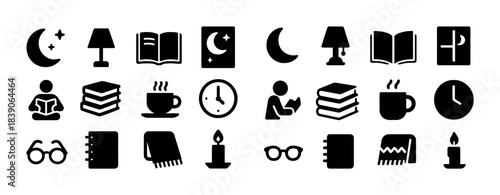 Silhouette icons: reading, coffee, clock, lamp, book, candle, glasses