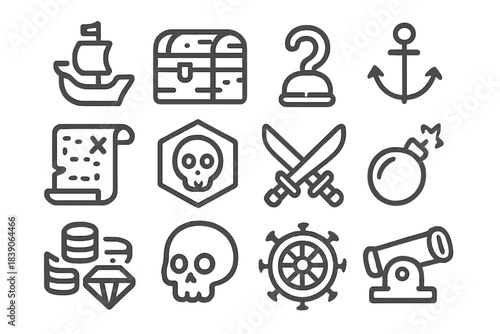 Set of pirate adventure icons including ship, treasure chest, hook, and skull