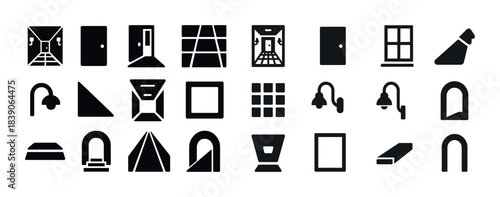 Black silhouette icons of doors windows archways and lamps