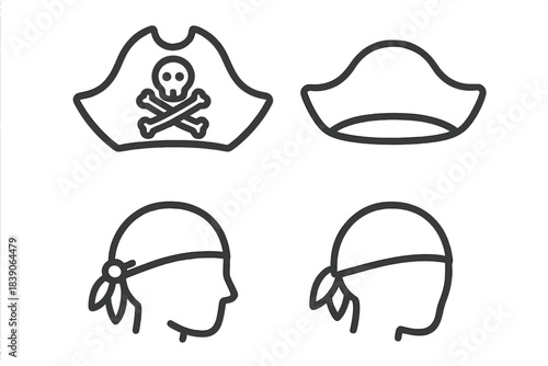 Collection of pirate headwear icons featuring tricorn hats and bandanas