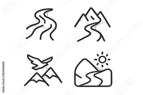 Minimalist line icons of nature landscapes and scenic elements