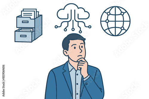 Businessman evaluating data storage, cloud computing, and global network solutions