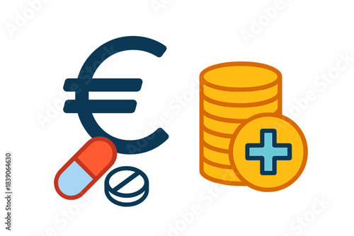 Euro currency symbol with medical pills and stack of coins icon