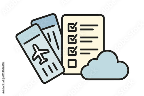 Travel planning checklist with airplane tickets and cloud icon