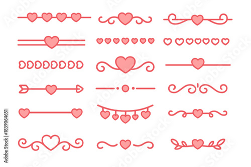 Decorative pink heart dividers and ornaments for romantic themes