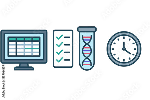 Data tracking icons for spreadsheet checklist and genetic sample analysis