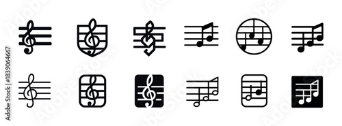 Diverse musical icon set featuring clefs and notes in various styles