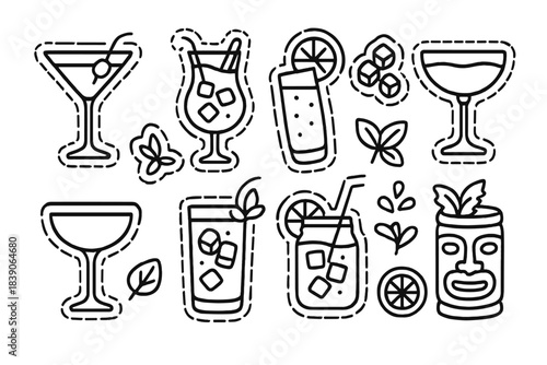 Outline icons of various cocktails and beverages with dashed borders