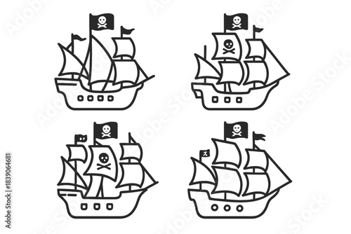 Four black and white pirate ship icons featuring Jolly Roger flags