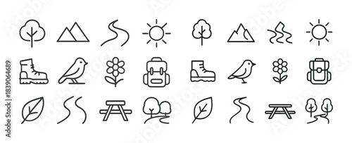 Outdoor adventure icons: trees, mountains, trails, sun, boots, birds, flowers, backpack, picnic