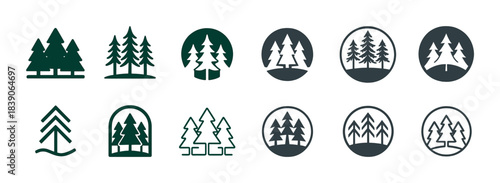 Collection of pine tree logos in various styles and designs