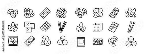 Assorted snack icons: nuts, cookies, crackers, seeds, chocolate, breadsticks