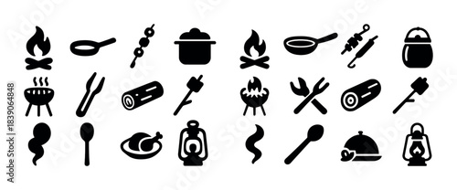 Collection of camping and cooking icons: grill, fire, pot, skewer, lantern