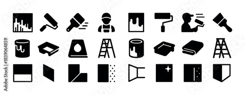 Collection of essential painting tools and icons for home improvement projects