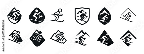 Collection of skiing icons with various mountain designs