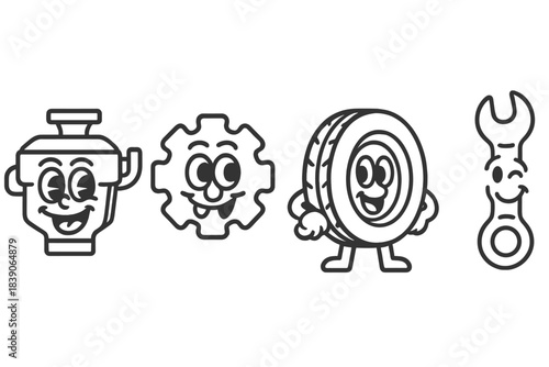 Four happy cartoon automotive repair service mascots featuring tools and parts