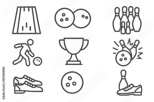 Set of line icons depicting bowling sport equipment and player action