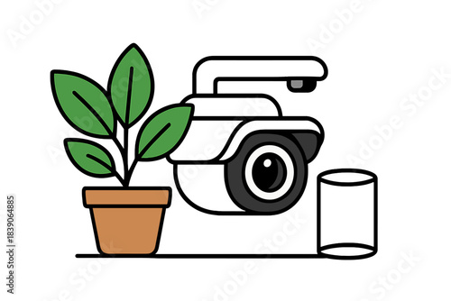 Security camera monitoring potted houseplant and storage cylinder