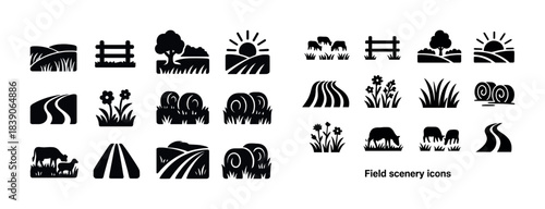Field scenery icons collection: trees, cattle, paths, sunrise, floral elements