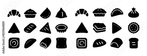 Collection of various baked goods icons including croissant and pie