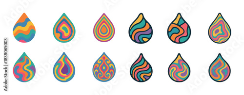 Colorful abstract teardrop designs in vibrant patterns and shapes