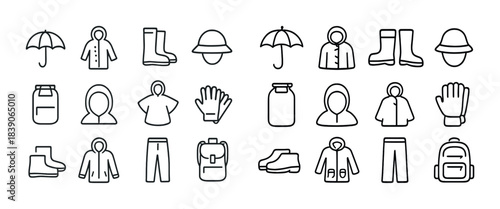 Weather clothing icons set: umbrella, boots, raincoat, backpack, hat