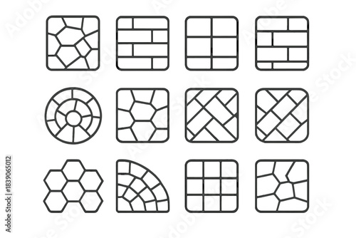 Collection of paving stone and tile patterns in simple line icon style