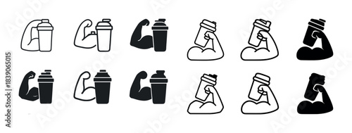 Vector set of arm flexing with shaker bottle in black and white