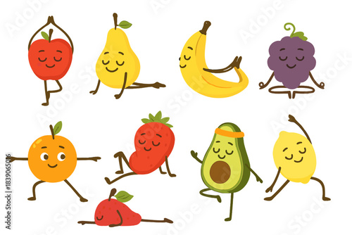 Anthropomorphic fruits and avocado performing various yoga poses