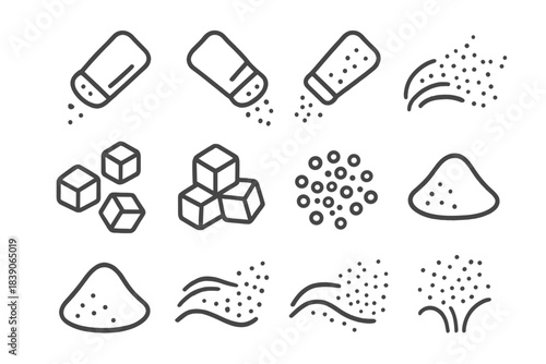 Salt and sugar seasoning icons set with shakers and pouring cubes